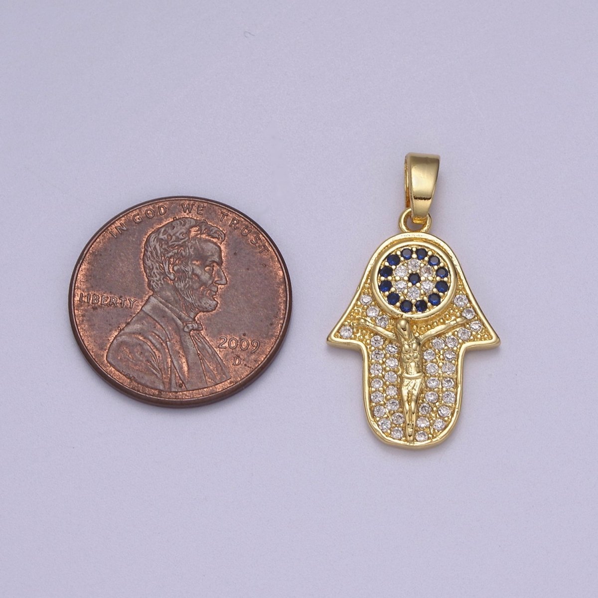 Dainty Gold Hamsa Hand Charm with Crucifix Jesus Pendant N-596 - DLUXCA