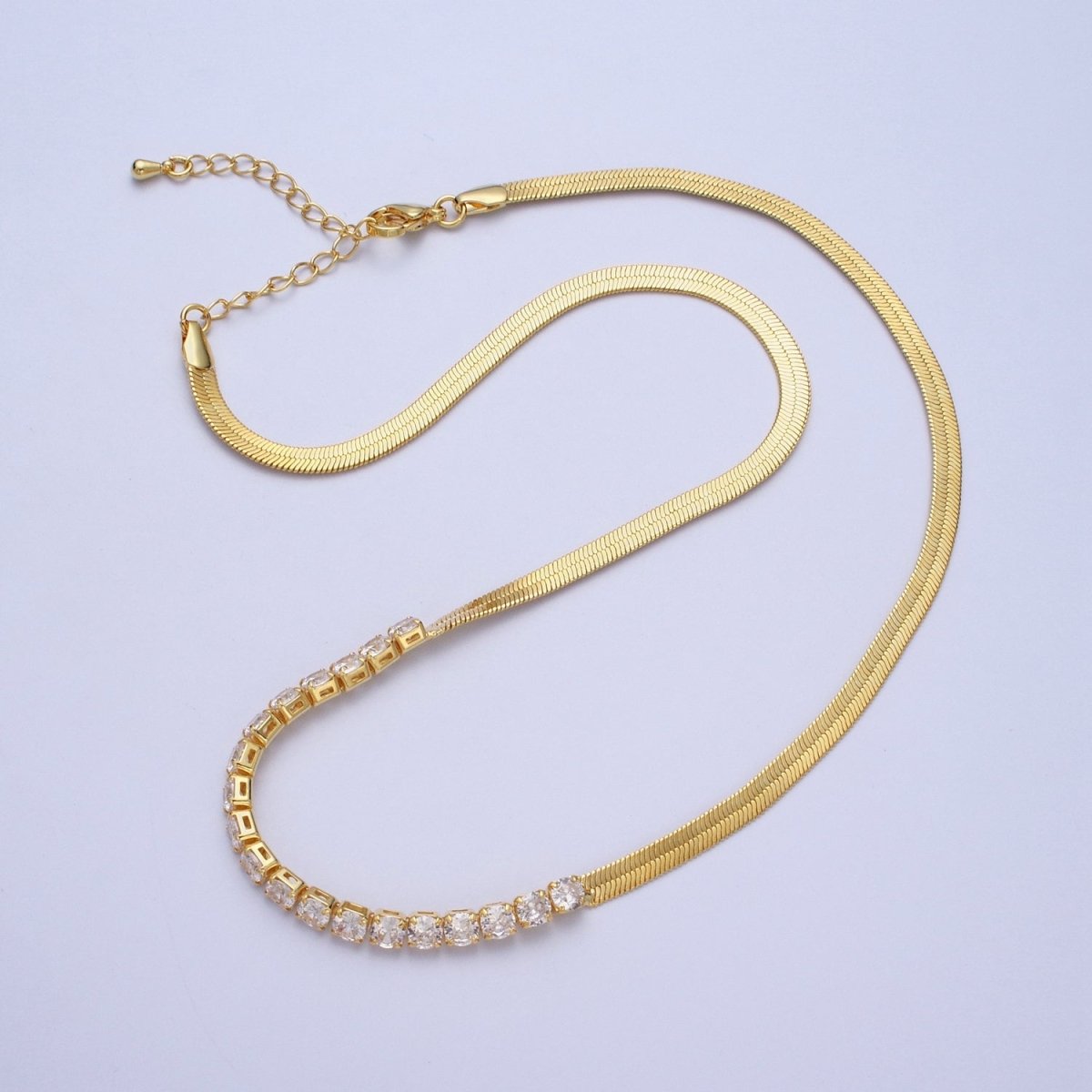 Dainty Gold Herringbone Necklace, Gold Flat Snake Chain Layered Choker, Cubic Zirconia Diamond Layer Chain Necklace for Her | WA-1086 WA-1087 Clearance Pricing