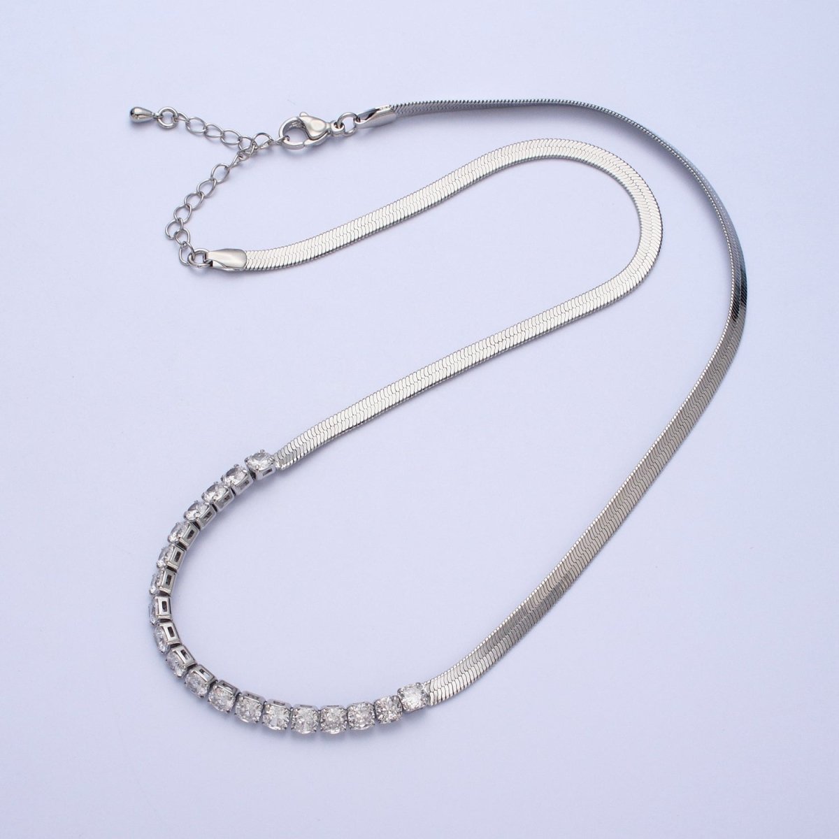 Dainty Gold Herringbone Necklace, Gold Flat Snake Chain Layered Choker, Cubic Zirconia Diamond Layer Chain Necklace for Her | WA-1086 WA-1087 Clearance Pricing