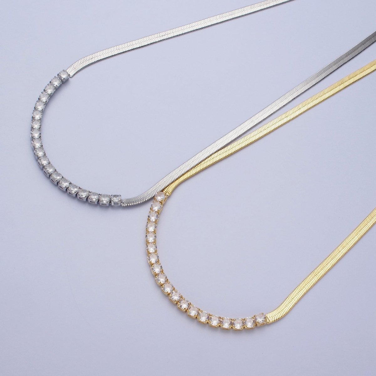 Dainty Gold Herringbone Necklace, Gold Flat Snake Chain Layered Choker, Cubic Zirconia Diamond Layer Chain Necklace for Her | WA-1086 WA-1087 Clearance Pricing