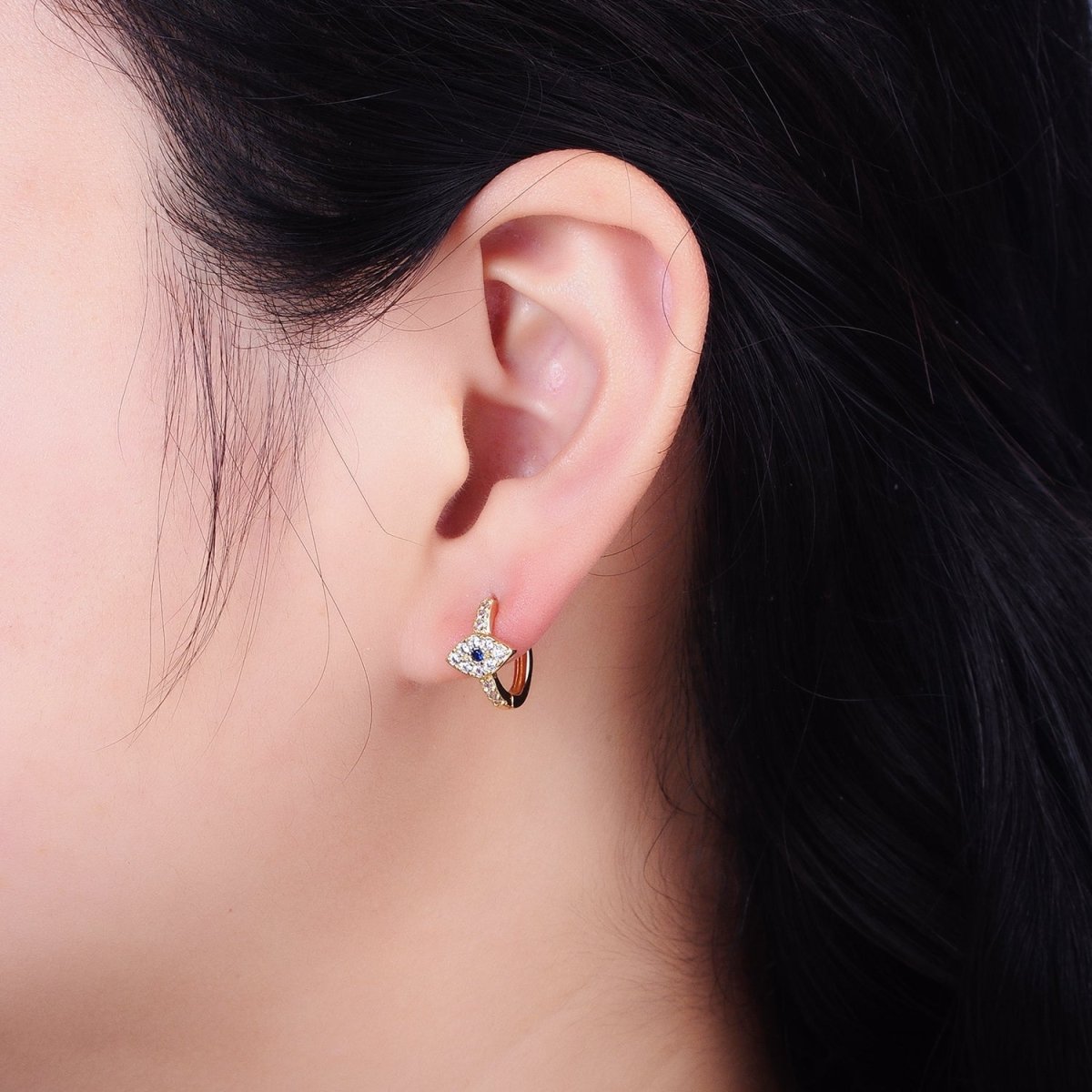 Dainty Gold Huggie Earring Micro Pave Evil Eye Hoop Earring AB663 - DLUXCA