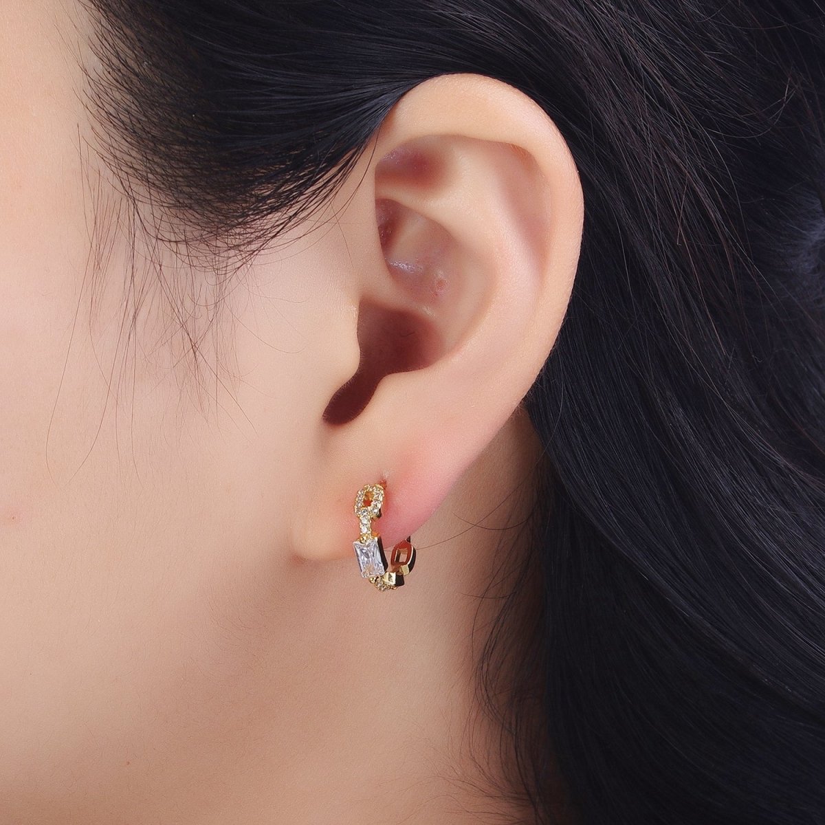 Dainty Gold Huggie Earrings Emerald Cut Cz Diamond Hoops Minimalist Jewelry AB194 - DLUXCA