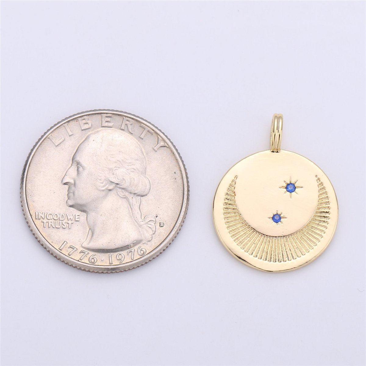 Dainty Gold Moon and Star Medallion Pendant - 18k gold Filled Crescent Moon Round Disc Charm Necklace Pendant C-697 - DLUXCA