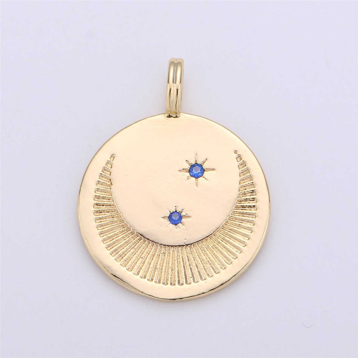 Dainty Gold Moon and Star Medallion Pendant - 18k gold Filled Crescent Moon Round Disc Charm Necklace Pendant C-697 - DLUXCA