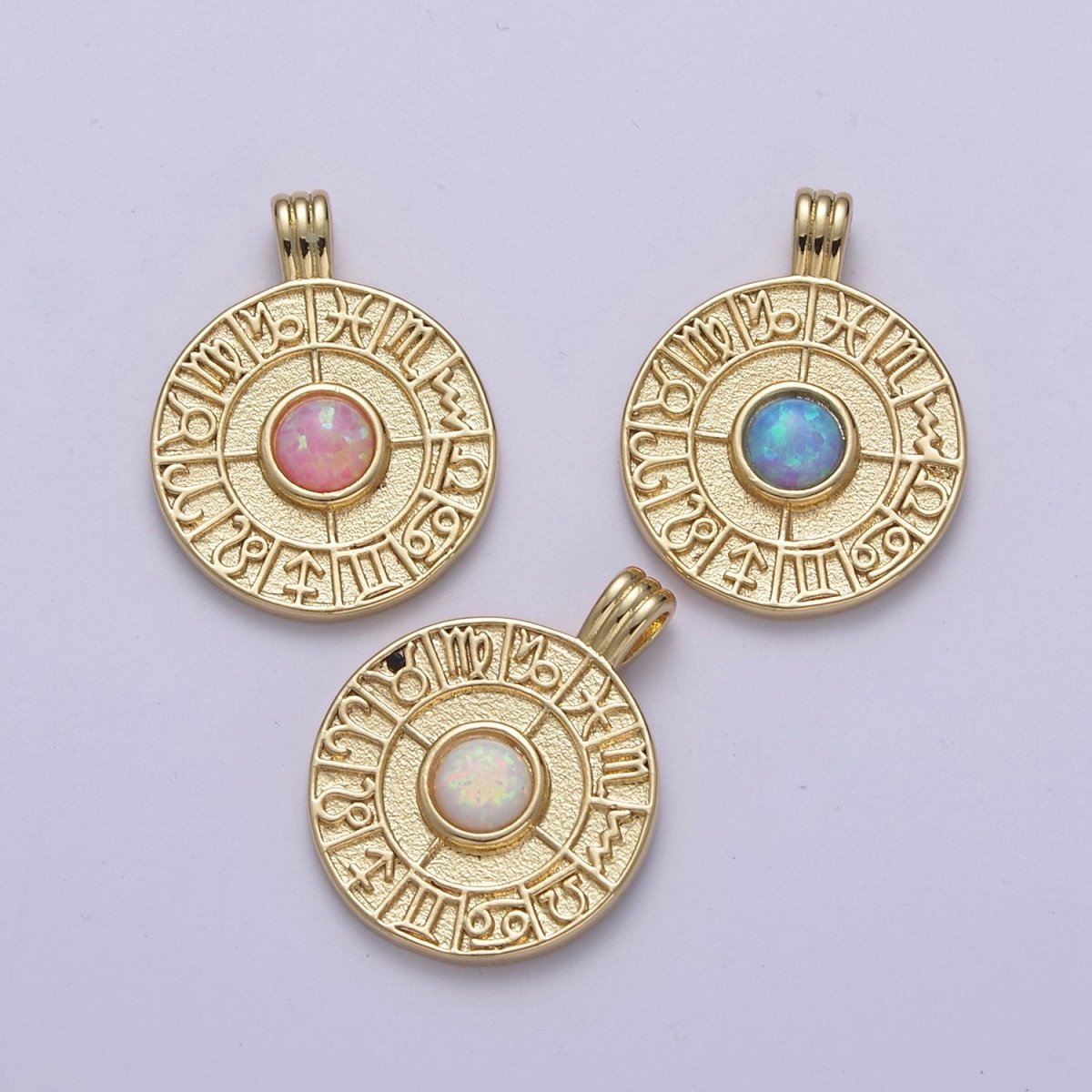 Dainty Gold Opal Zodiac Medallion Horoscope Coin Pendant H-281 H-283 H-284