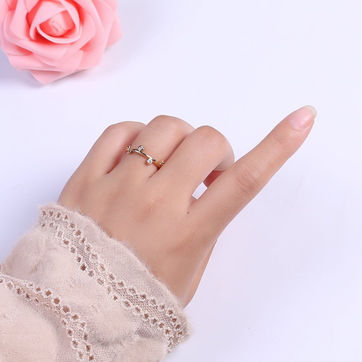 Dainty Gold Open Ring adjustable Round Cz Bezel cut for minimalist jewelry U-014