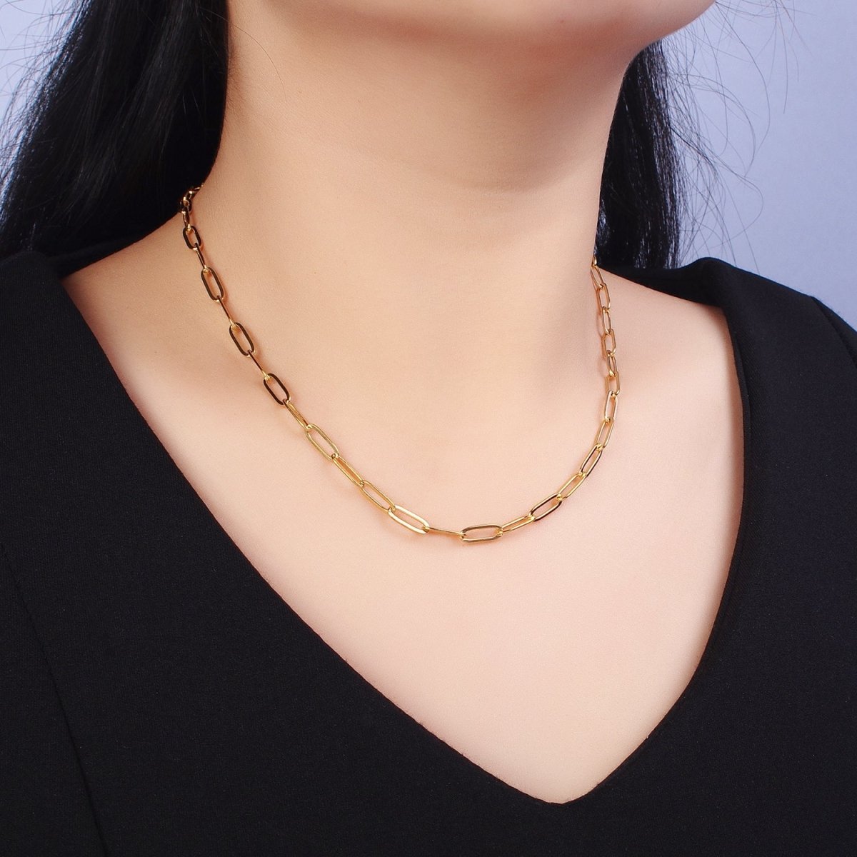 Dainty Gold Paperclip Link Chain Necklace Elongated Chain Necklace Stainless Steel Chain 17.7 inch Long | WA-1623 WA-1624