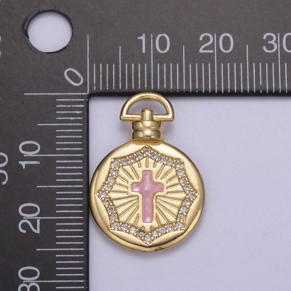 Dainty Gold Pink Shell Cross Pendant Micro Pave Round Medallion Pink / White Shell Religious Jewelry Making H-613 H-618