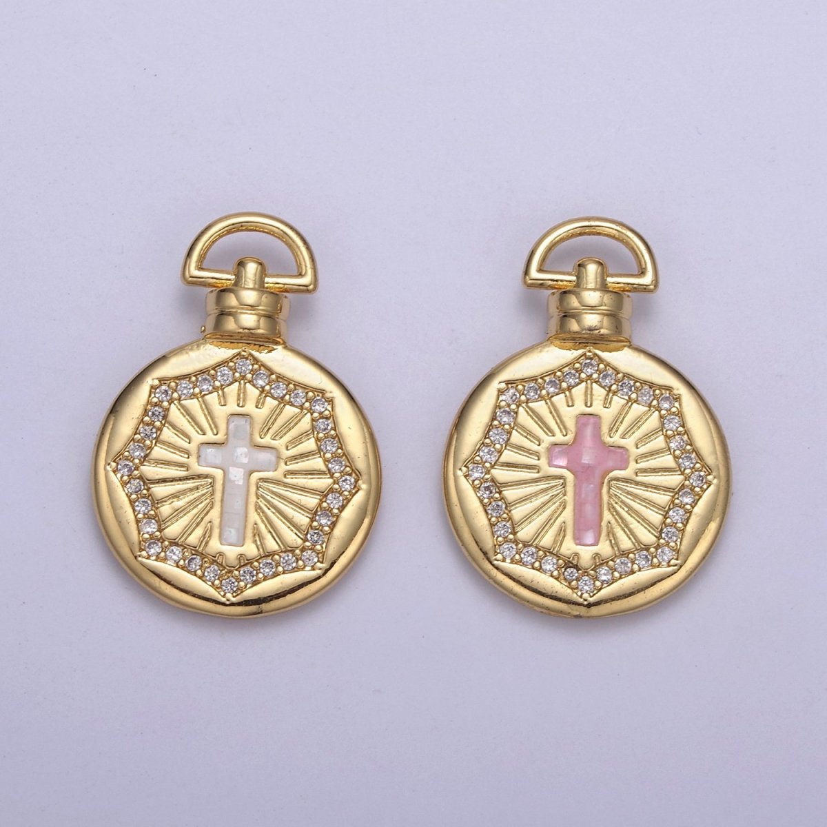 Dainty Gold Pink Shell Cross Pendant Micro Pave Round Medallion Pink / White Shell Religious Jewelry Making H-613 H-618