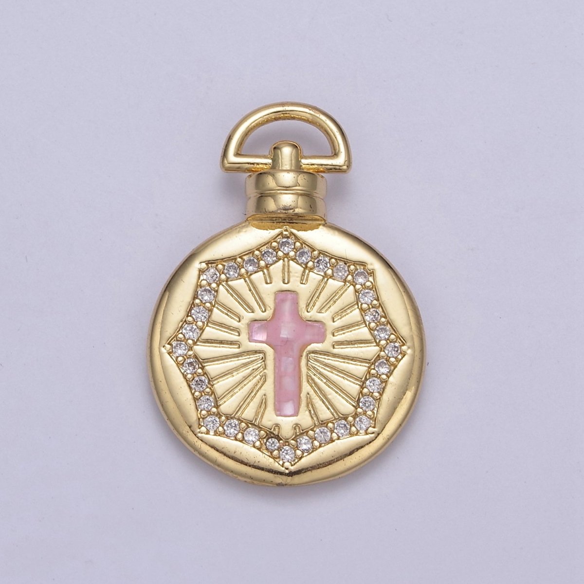 Dainty Gold Pink Shell Cross Pendant Micro Pave Round Medallion Pink / White Shell Religious Jewelry Making H-613 H-618
