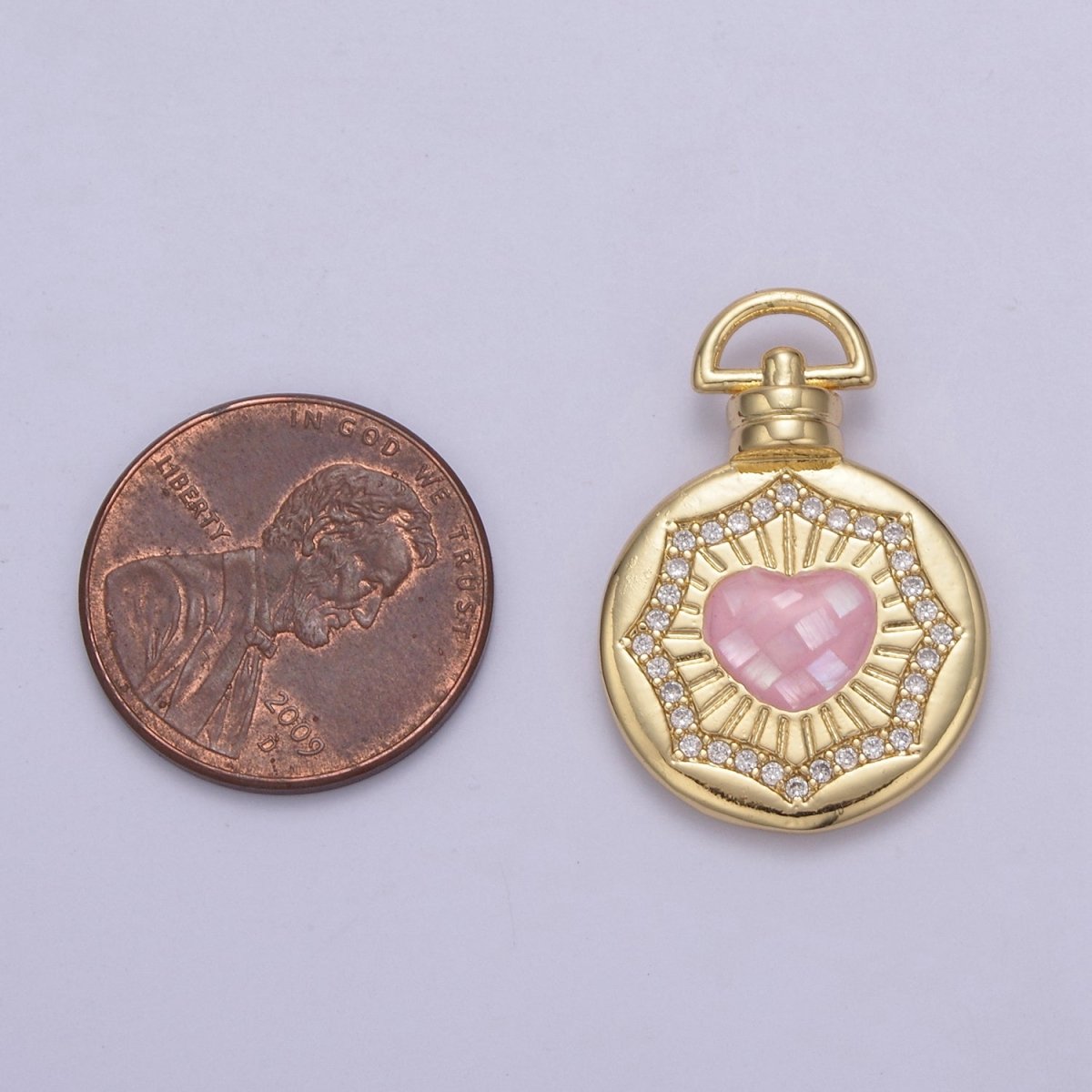 Dainty Gold Pink Shell Heart Pendant Micro Pave Round Medallion Pink / White Shell Valentine Jewelry Making H-700 H-706