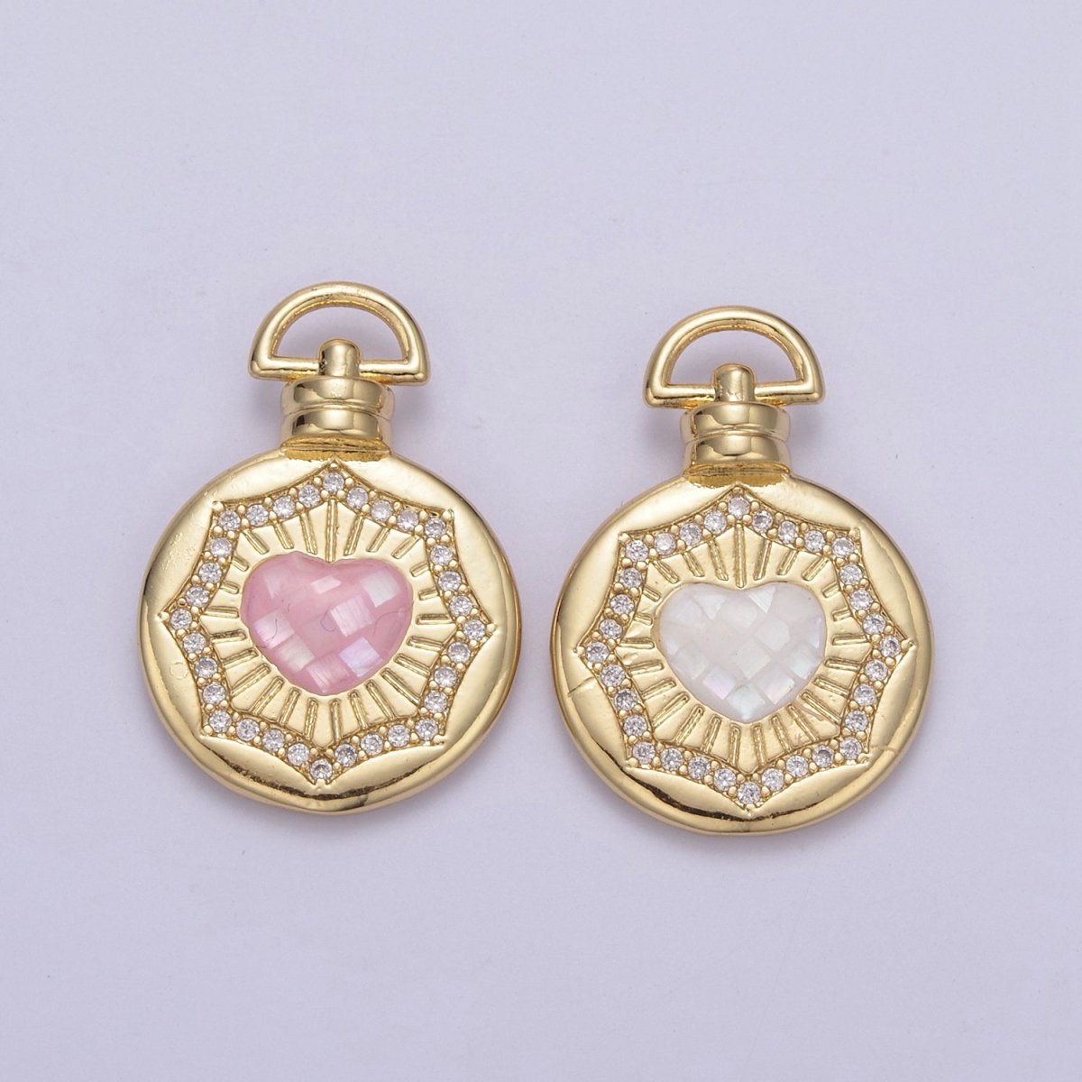 Dainty Gold Pink Shell Heart Pendant Micro Pave Round Medallion Pink / White Shell Valentine Jewelry Making H-700 H-706