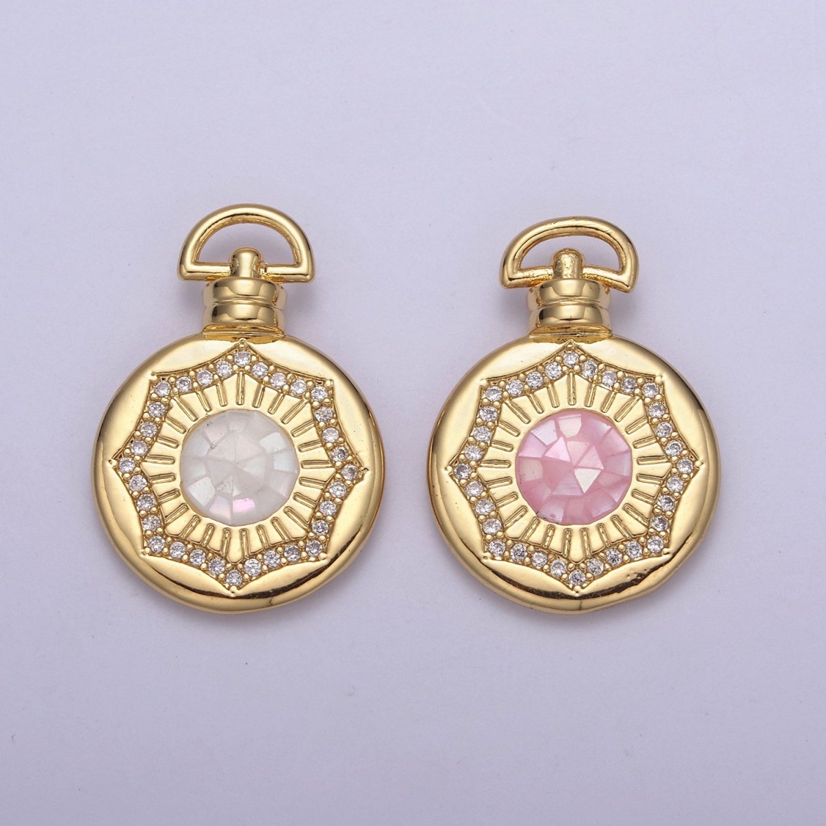 Dainty Gold Pink Shell Sun Pendant Micro Pave Round Medallion Pink / White Shell Celestial Jewelry Making H-717 H-726