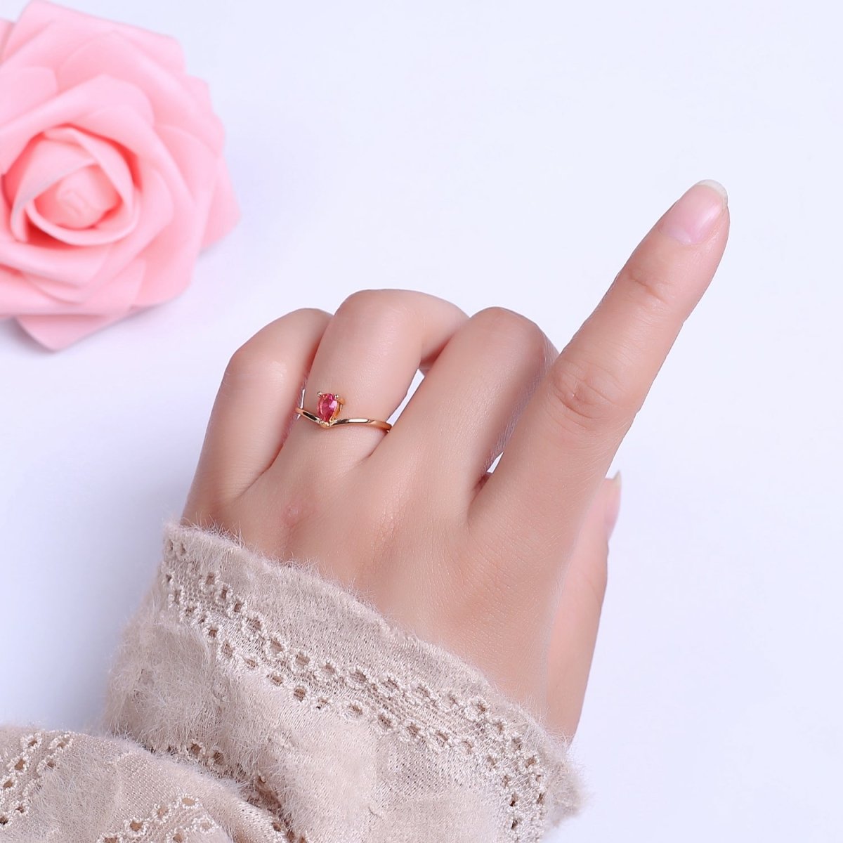 Dainty Gold Pink Tear Drop CZ Ring Open Adjustable S-509
