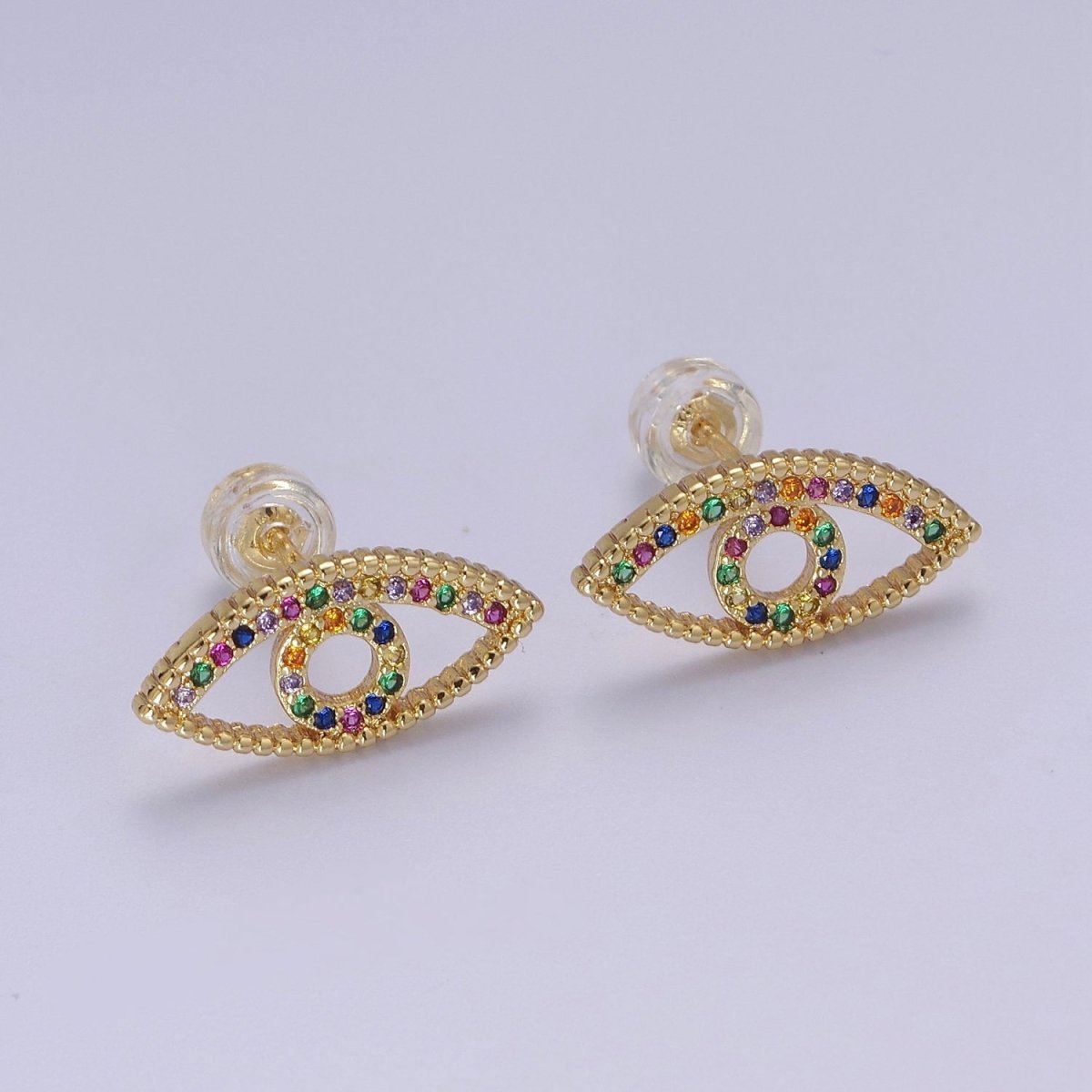 Dainty Gold Rainbow CZ Evil Eye Stud Earring V-099 - DLUXCA