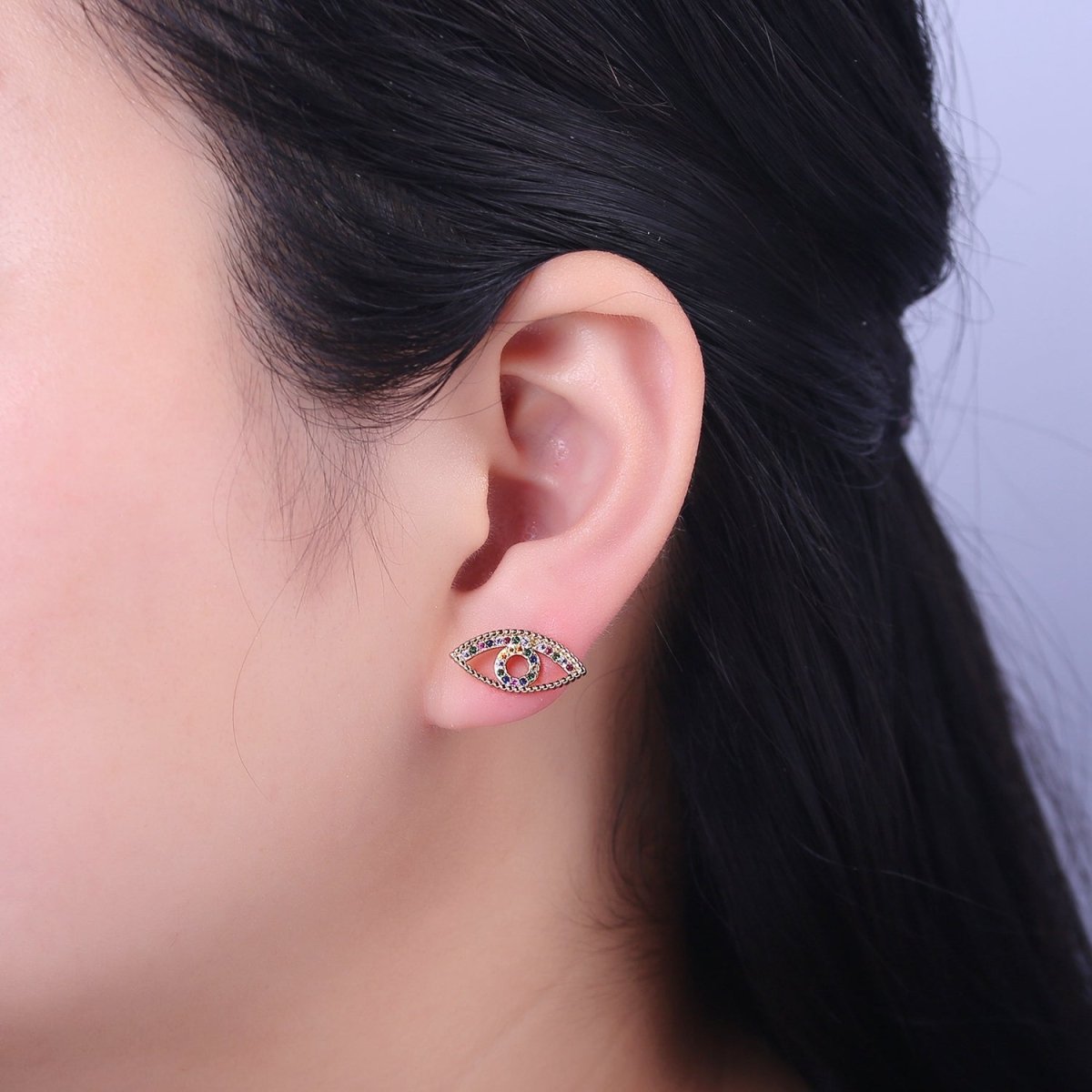 Dainty Gold Rainbow CZ Evil Eye Stud Earring V-099 - DLUXCA