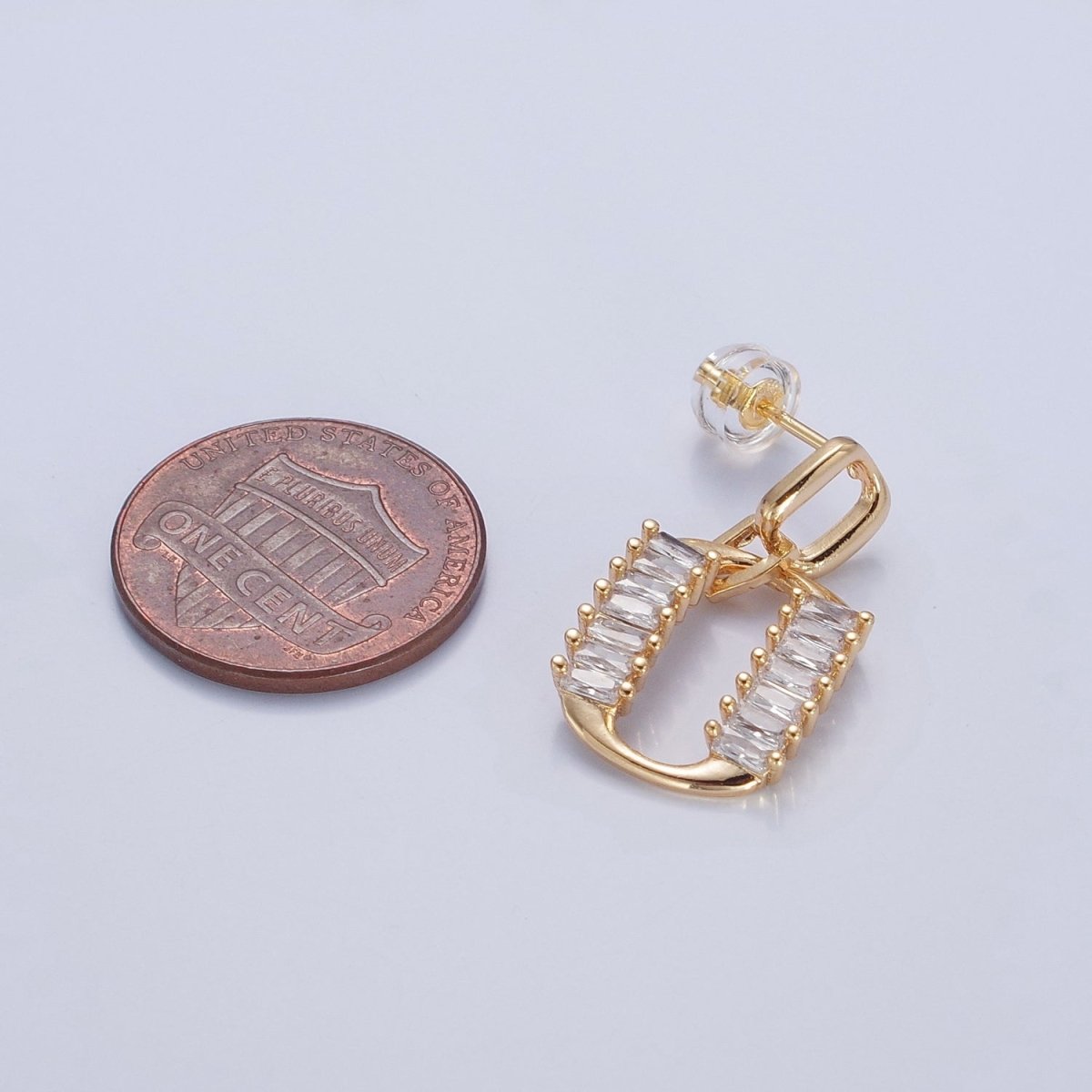 Dainty Gold Rectangle Post Earring with Clear Baguette Drop Earring Stud V-437 - DLUXCA