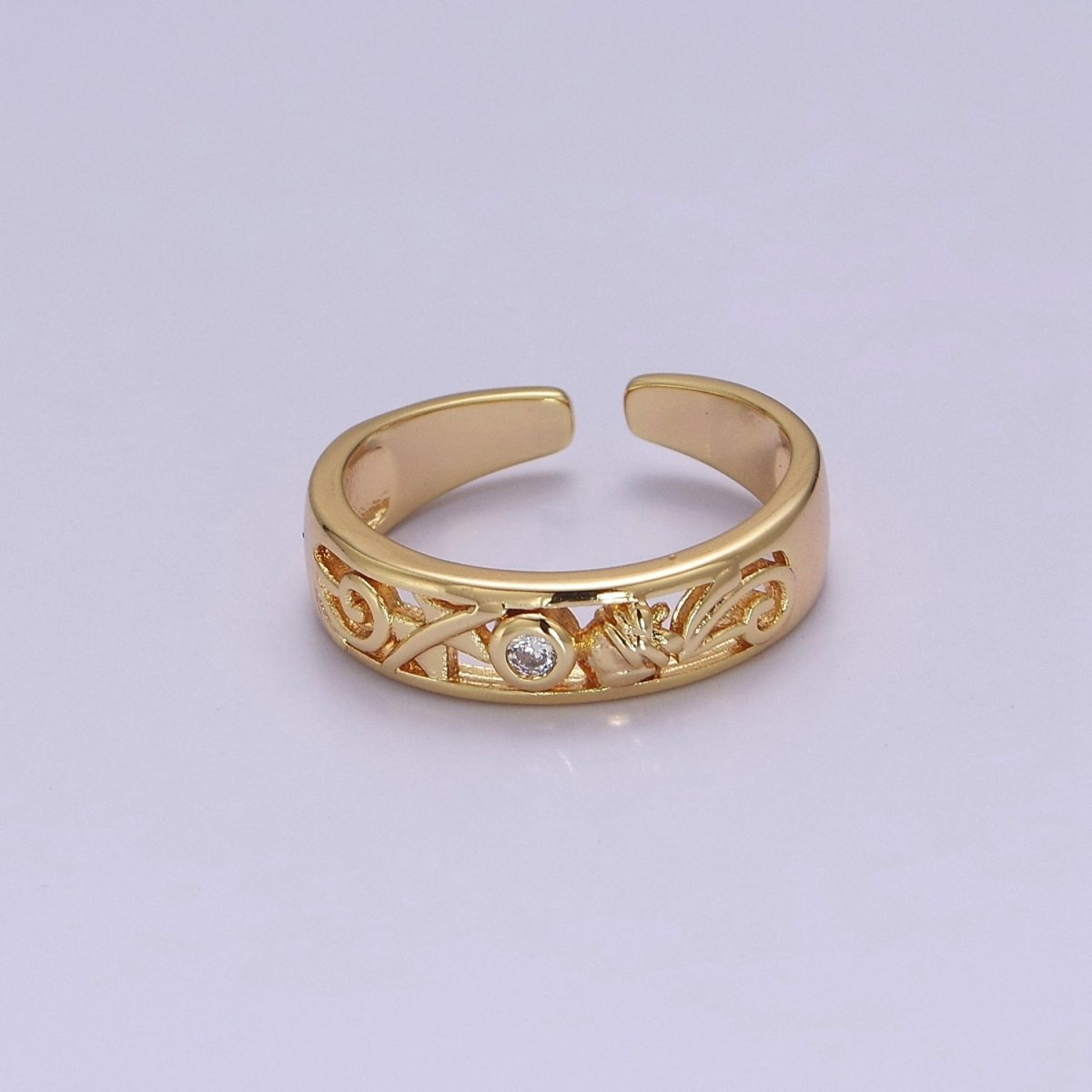 Dainty Gold Ring Carved Art with Round Bezel Cut Cz Stone O-2082 - DLUXCA