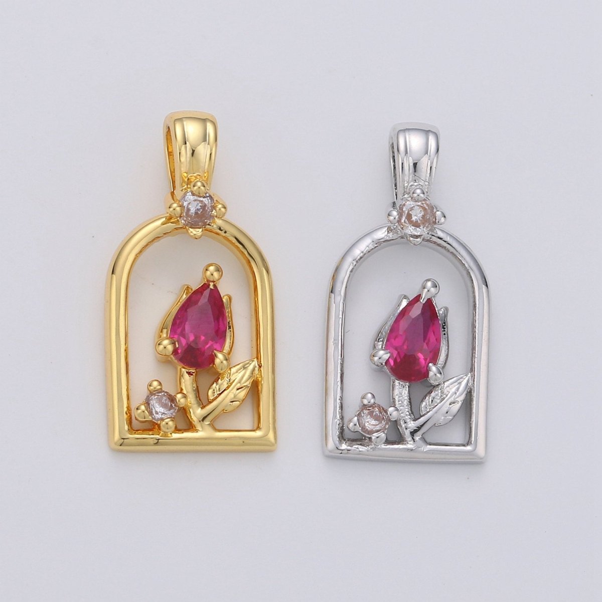 Dainty Gold Rose Pendant CZ Micro Pave Flower Pendant, Pink Floral Jewelry for Necklace Bracelet Earring Component I-655 I-656