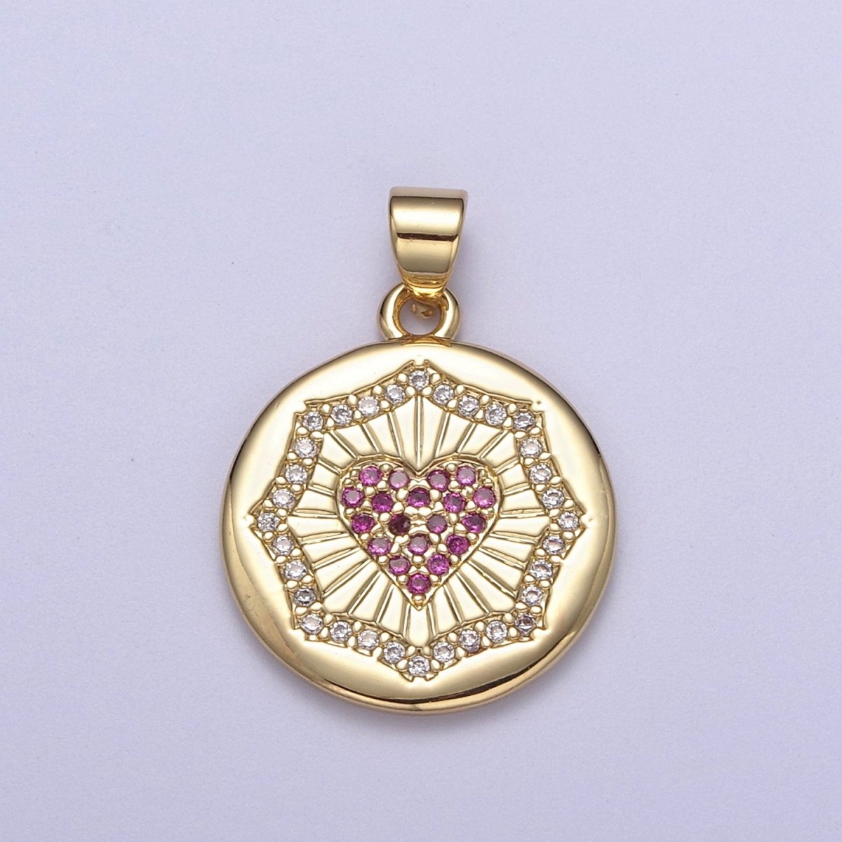Dainty Gold Round Coin Pendant with Micro Pave Heart Charm H-543 - DLUXCA