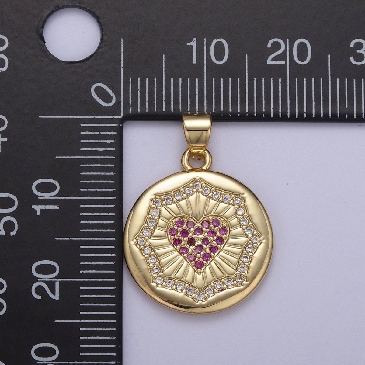 Dainty Gold Round Coin Pendant with Micro Pave Heart Charm H-543 - DLUXCA