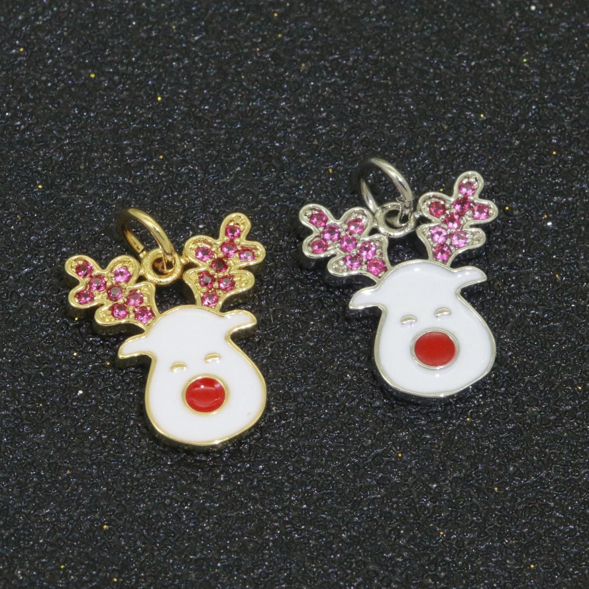 Dainty Gold Rudolph Charm - Christmas Jewelry Pendant - Red nose Reindeer Gold Filled Enamel Charm for Bracelet Necklace Earring Component M-527