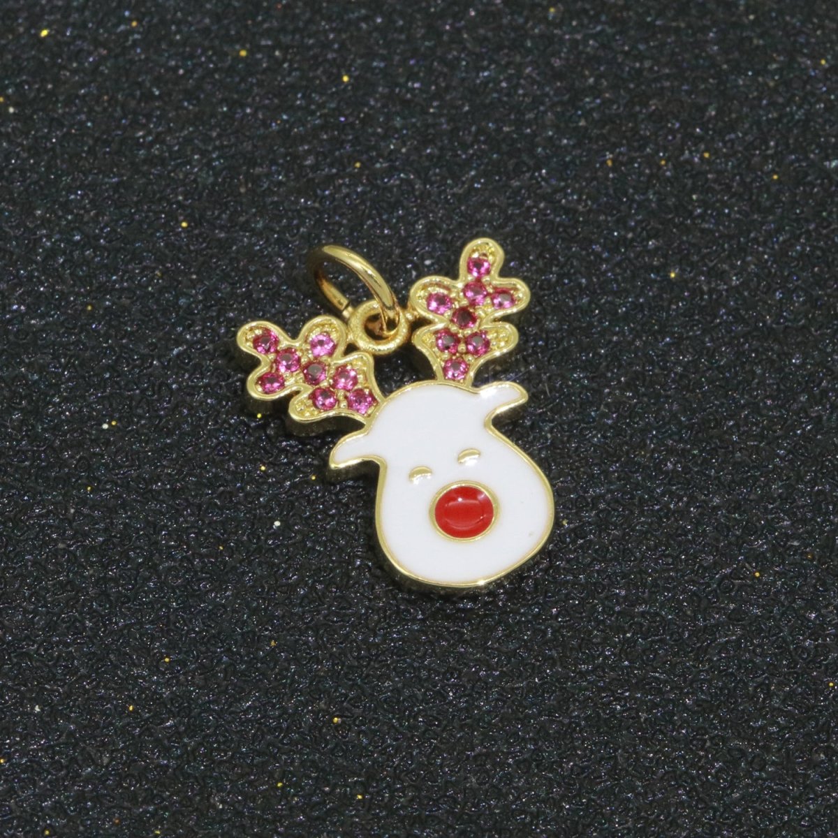 Dainty Gold Rudolph Charm - Christmas Jewelry Pendant - Red nose Reindeer Gold Filled Enamel Charm for Bracelet Necklace Earring Component M-527