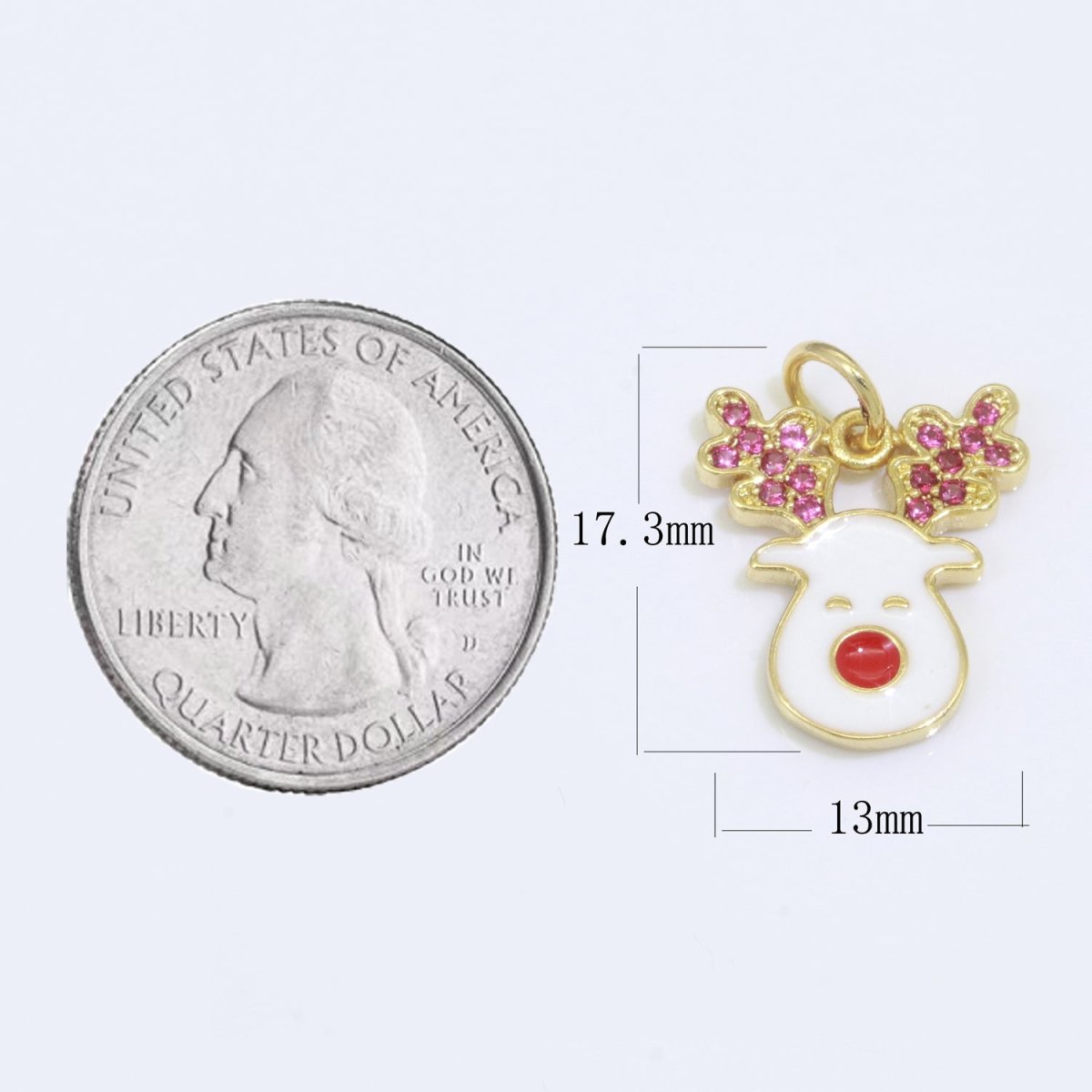 Dainty Gold Rudolph Charm - Christmas Jewelry Pendant - Red nose Reindeer Gold Filled Enamel Charm for Bracelet Necklace Earring Component M-527