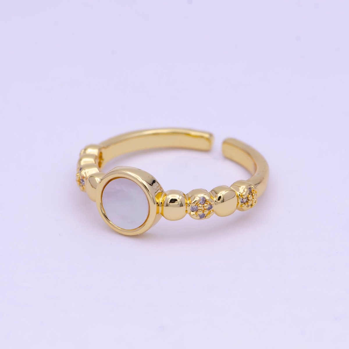 Dainty Gold Shell Pearl Ring with Beaded Ball Band Open Adjustable S-236 - DLUXCA