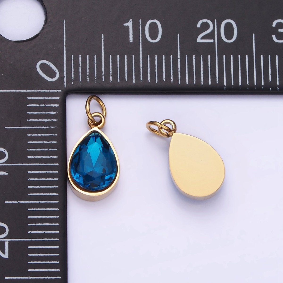 Dainty Gold Stainless Steel Blue Teardrop Crystal Charm | P1406 - DLUXCA