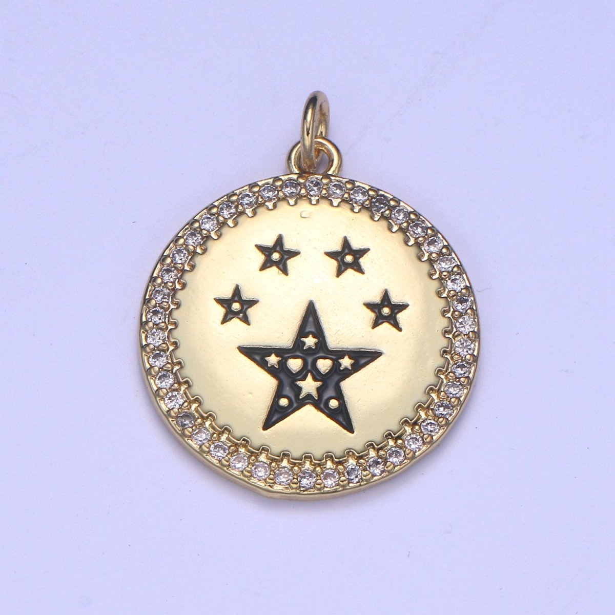 Dainty Gold Star Medallion Pendant - 14k gold Filled Micro Pave Five Star Round Disc Charm Necklace Pendant E-283 - E-285