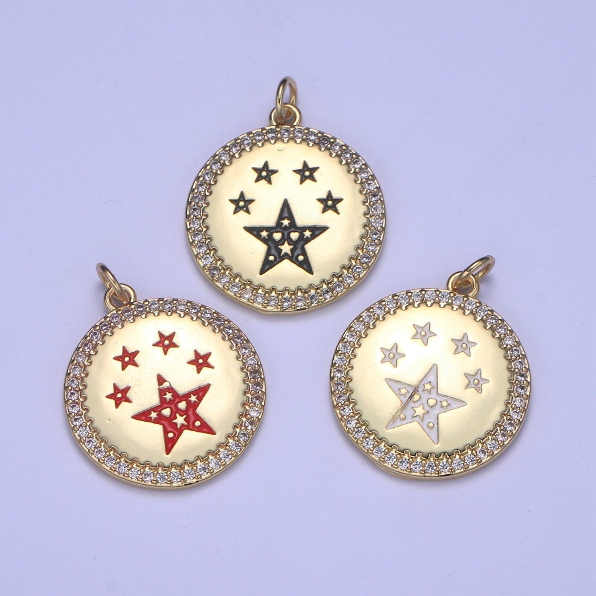 Dainty Gold Star Medallion Pendant - 14k gold Filled Micro Pave Five Star Round Disc Charm Necklace Pendant E-283 - E-285