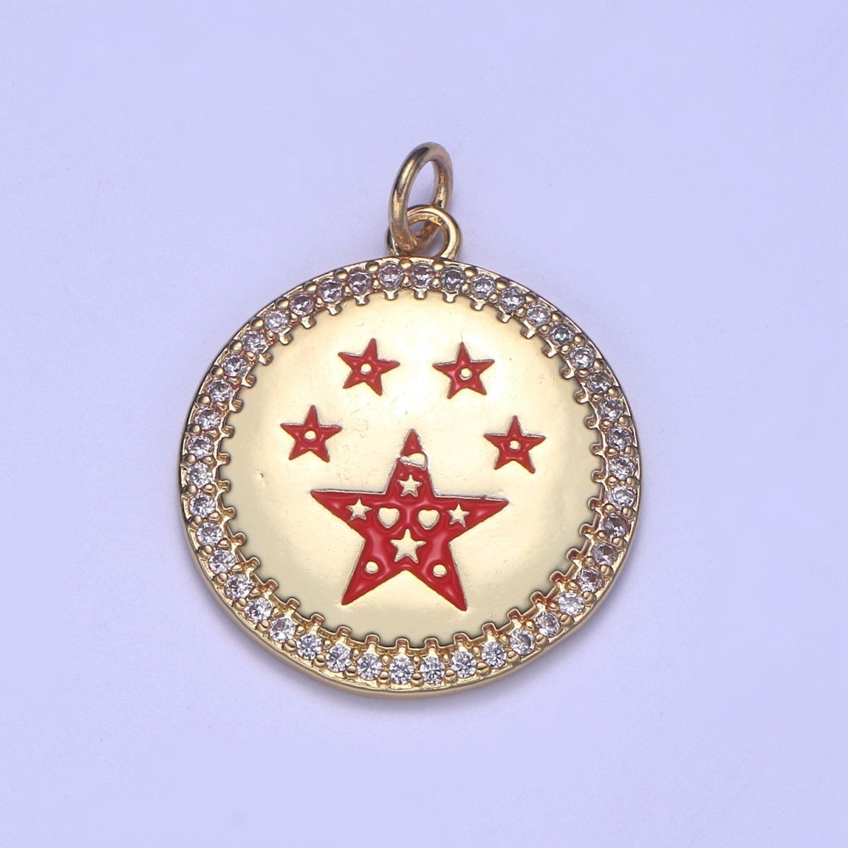 Dainty Gold Star Medallion Pendant - 14k gold Filled Micro Pave Five Star Round Disc Charm Necklace Pendant E-283 - E-285