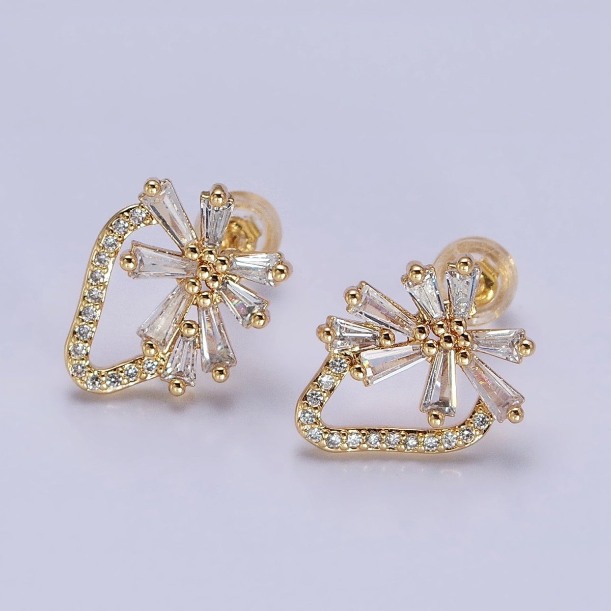 Dainty Gold Strawberry Stud Earring with Baguette Cz Micro Pave Stone AB938 - DLUXCA