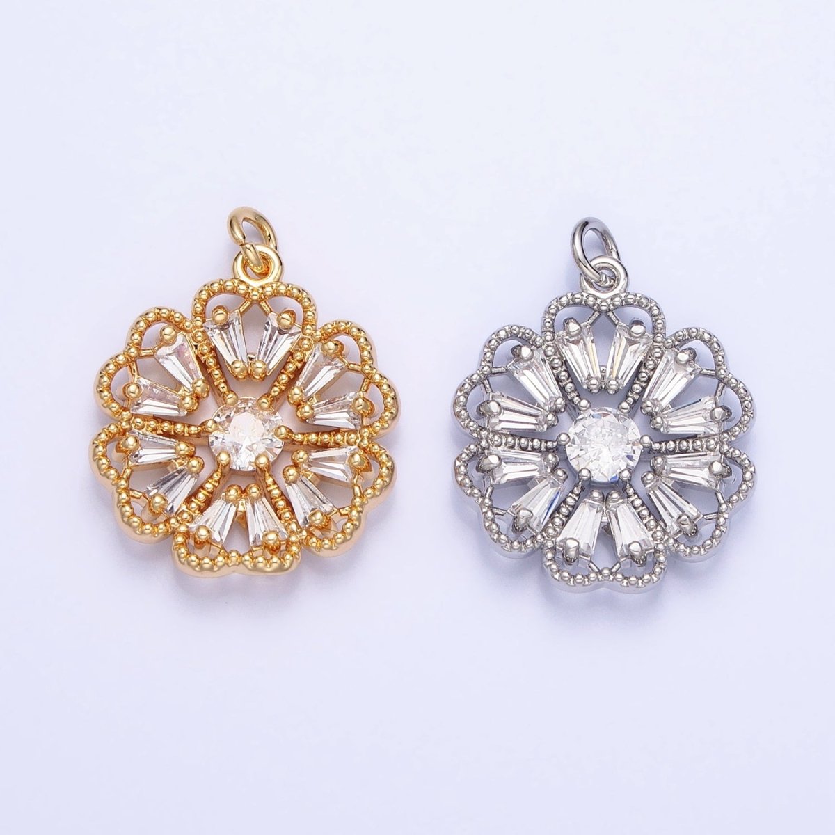Dainty Gold Sun Flower Charm Silver Baguette Floral Charm AC747 AC748