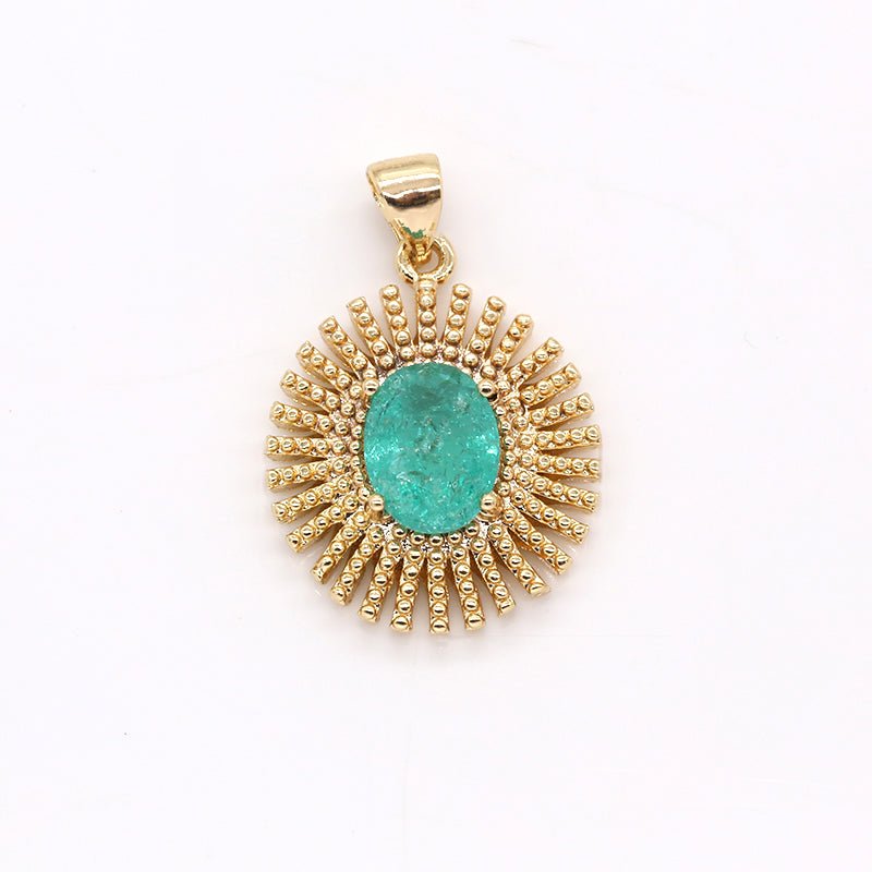 Dainty Gold Sun Rays Flower Green Natural Stone Charm Gold Plated Morning Sunburst Nature Charm Pendant GP-386
