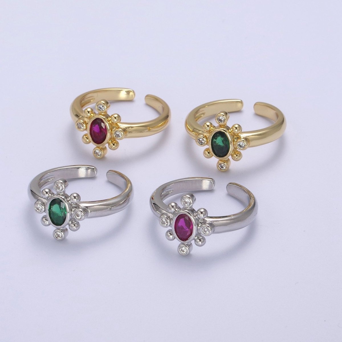 Dainty Gold Sun Ring Fuchsia Green Cz Stone Adjustable Open Ring U-229 ~ U-232