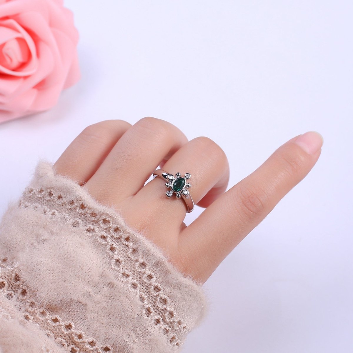 Dainty Gold Sun Ring Fuchsia Green Cz Stone Adjustable Open Ring U-229 ~ U-232