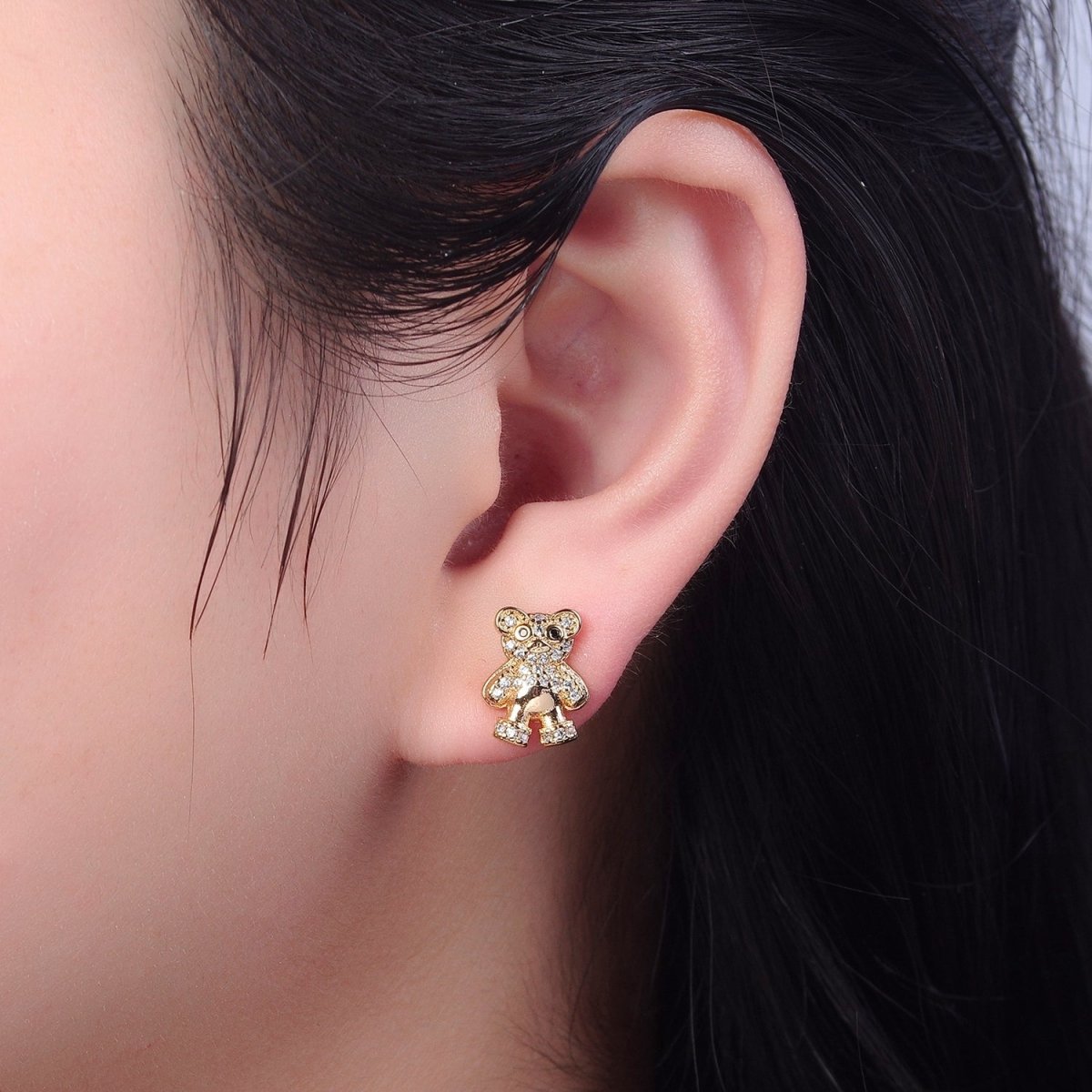 Dainty Gold Teddy Bear Stud Earrings V-119 - DLUXCA