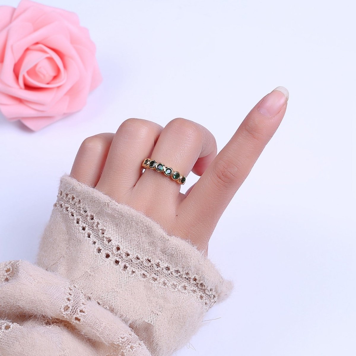 Dainty Green Gold Emerald CZ Ring Cubic Zirconia Minimalist Ring Dainty Green CZ Adjustable Ring S-501 - DLUXCA