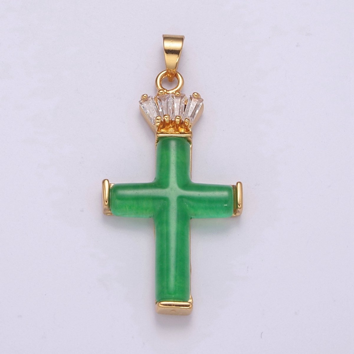 Dainty Green Jade Cross Pendant With CZ Crown for Necklace Earring Component Supply O-270 - DLUXCA