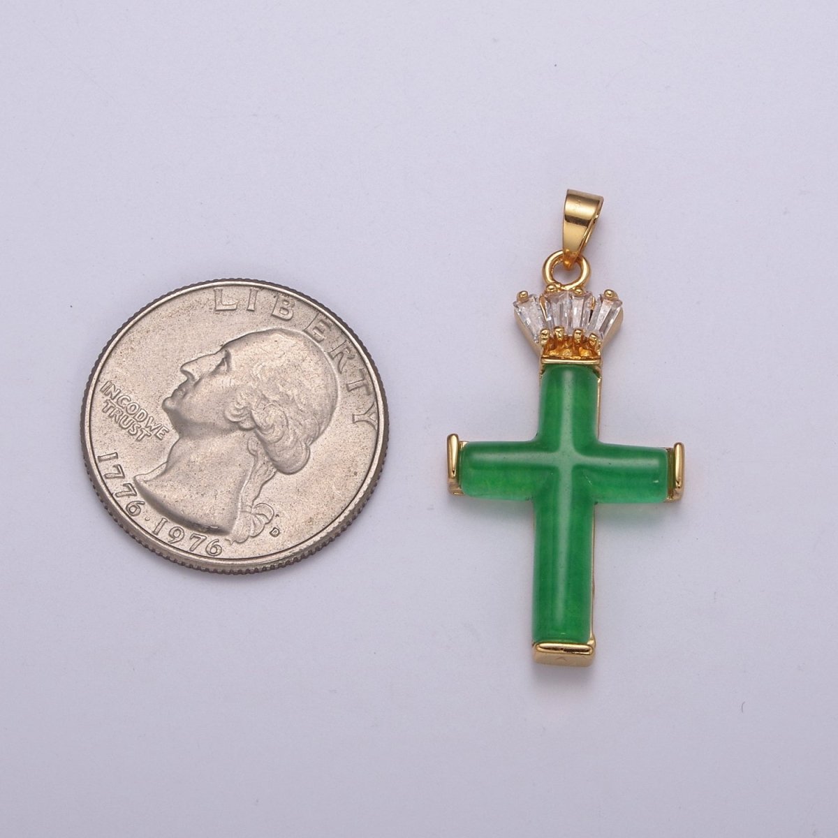 Dainty Green Jade Cross Pendant With CZ Crown for Necklace Earring Component Supply O-270 - DLUXCA