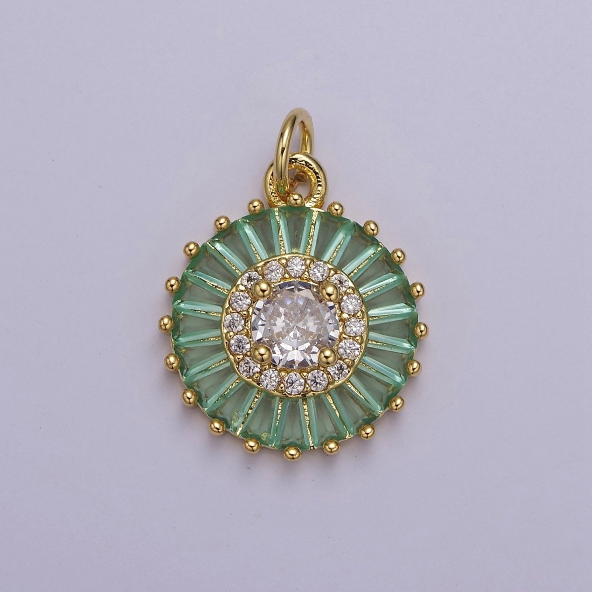 Dainty Green, Pink, Clear, Teal Cubic Zirconia Sun Charm Round Circle Disc CZ Charm for Add on Charm E-720 E-721 E-722 E-723 E-724