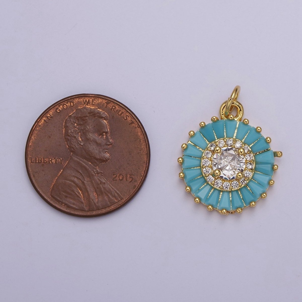 Dainty Green, Pink, Clear, Teal Cubic Zirconia Sun Charm Round Circle Disc CZ Charm for Add on Charm E-720 E-721 E-722 E-723 E-724