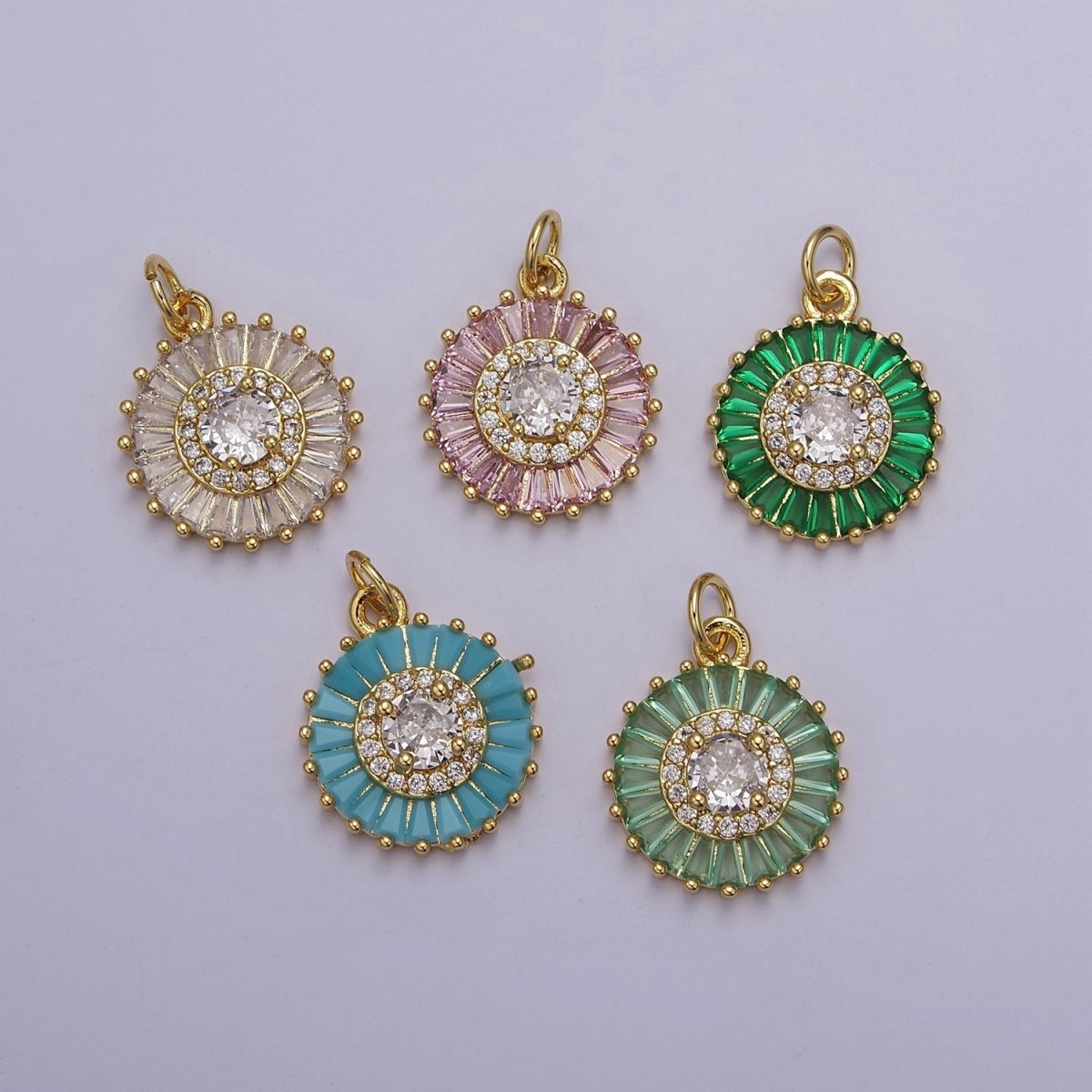 Dainty Green, Pink, Clear, Teal Cubic Zirconia Sun Charm Round Circle Disc CZ Charm for Add on Charm E-720 E-721 E-722 E-723 E-724