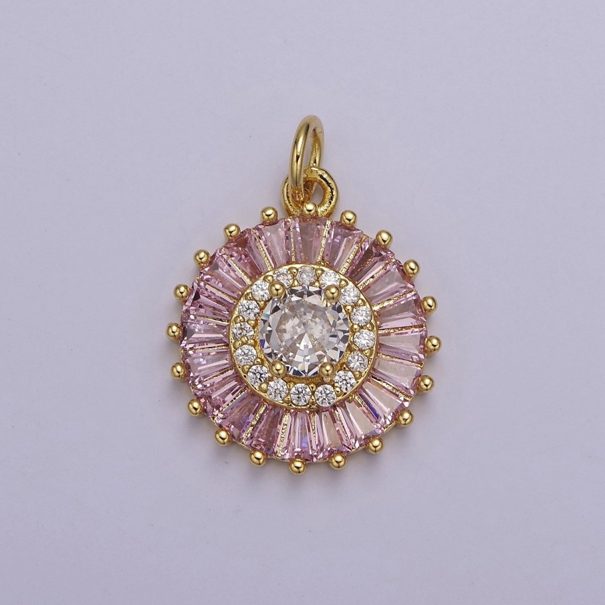 Dainty Green, Pink, Clear, Teal Cubic Zirconia Sun Charm Round Circle Disc CZ Charm for Add on Charm E-720 E-721 E-722 E-723 E-724