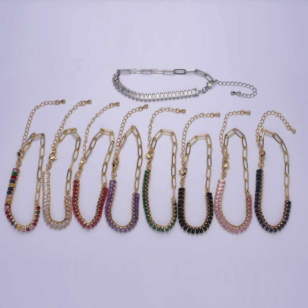 Dainty Half Baguette Tennis Half Paperclip Bracelet Gold Filled Tennis Bracelet, Cubic Zirconia Fusion Bracelet | WA-839 to WA-852 Clearance Pricing