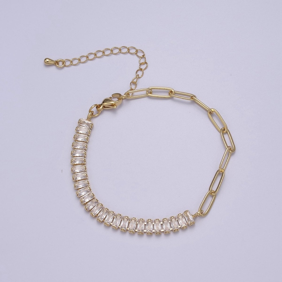Dainty Half Baguette Tennis Half Paperclip Bracelet Gold Filled Tennis Bracelet, Cubic Zirconia Fusion Bracelet | WA-839 to WA-852 Clearance Pricing