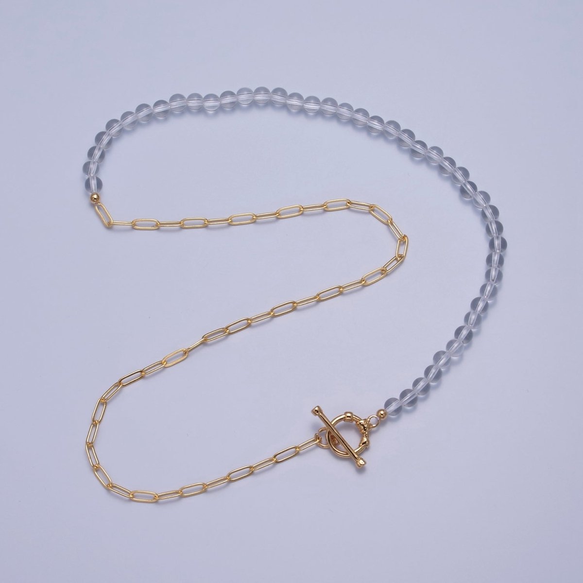 Dainty Half Bead Half Link Chain Necklace, 24k Gold Filled Paperclip Chain with Clear Quartz Necklace Toggle Clasp | WA-965 Clearance Pricing