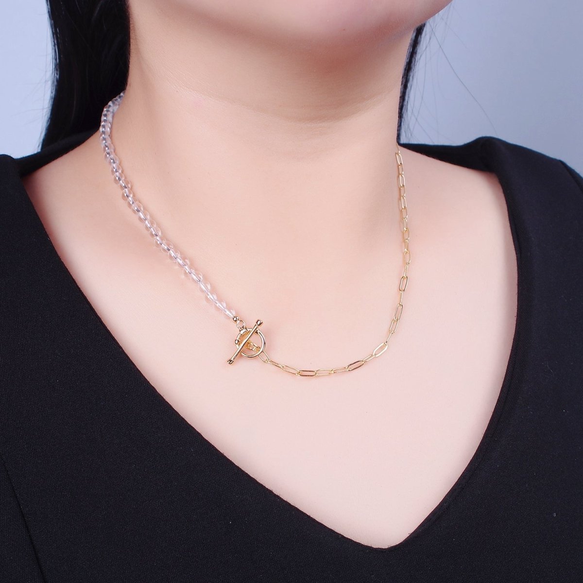 Dainty Half Bead Half Link Chain Necklace, 24k Gold Filled Paperclip Chain with Clear Quartz Necklace Toggle Clasp | WA-965 Clearance Pricing